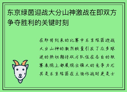 东京绿茵迎战大分山神激战在即双方争夺胜利的关键时刻